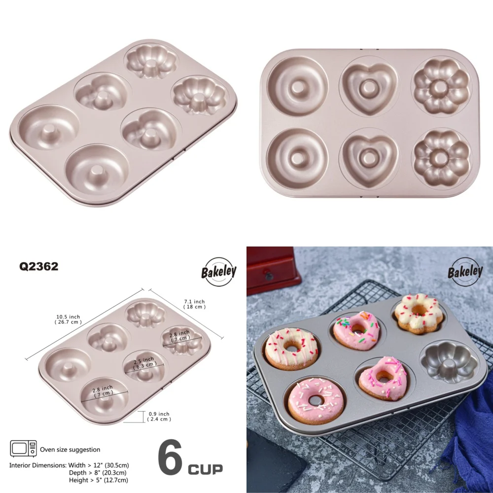

6 Cavity Donut Pan Heart Flower Round Bundt Cake Mold Champagne Gold Non Stick Baking Pan for Muffins Cupcakes Desserts Bakeware