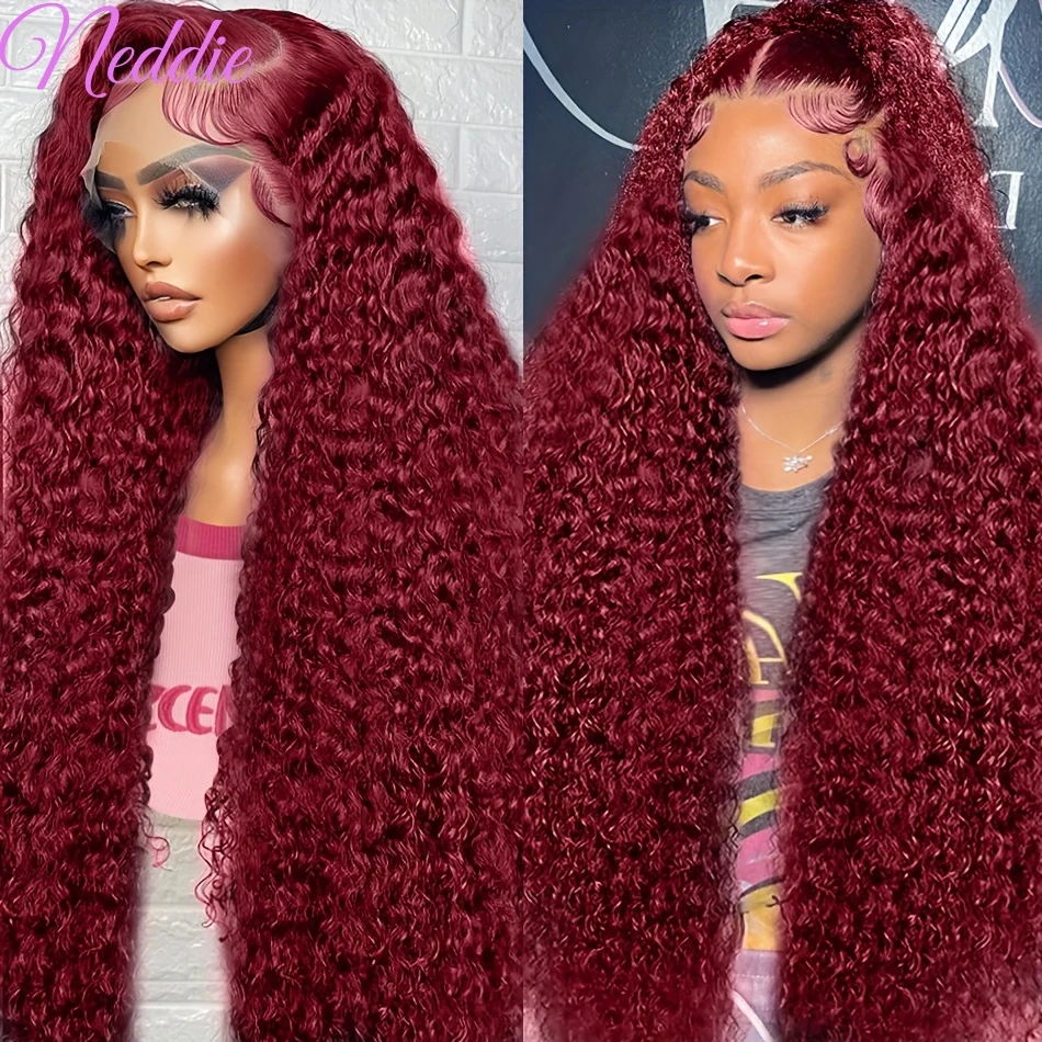 Borgonha Colorido Perucas Encaracoladas para Mulheres, HD Lace Frontal Wig, Onda Profunda, Cabelo Humano, 13x4, 13x6, 100%, 30, 40 Polegada