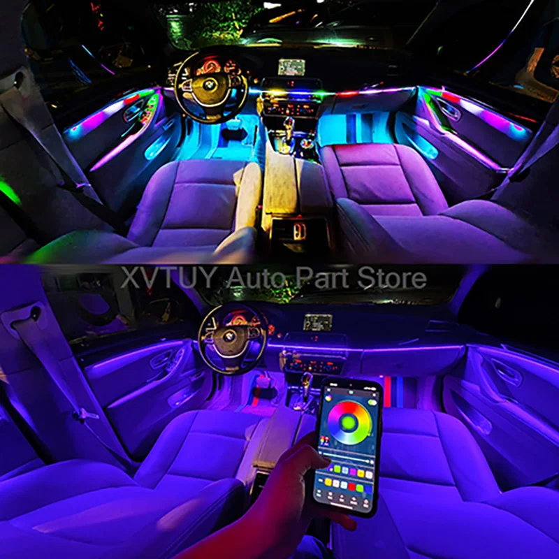 

Автомобильный комплект окружающего освещения RGB Flow, светодиодная лампа для украшения интерьера, управление через приложение, синхронизация звука, дверь, приборная панель, комплект атмосферного освещения для ног