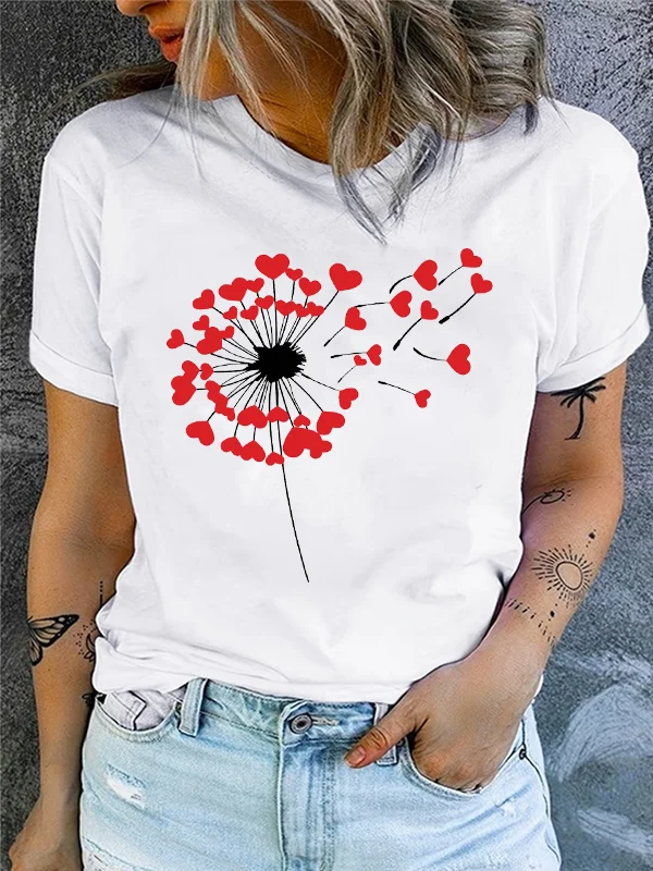 

Drift with The Wind Love Shaped Dandelion Print Lover T-shirt 2024 New Fashion Casual Romance Valentine's Day Couple Shirt