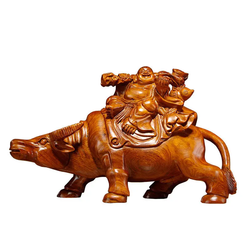

Pear wood carving bull riding Maitreya Buddha statue ornament home porch decoration mahogany crafts