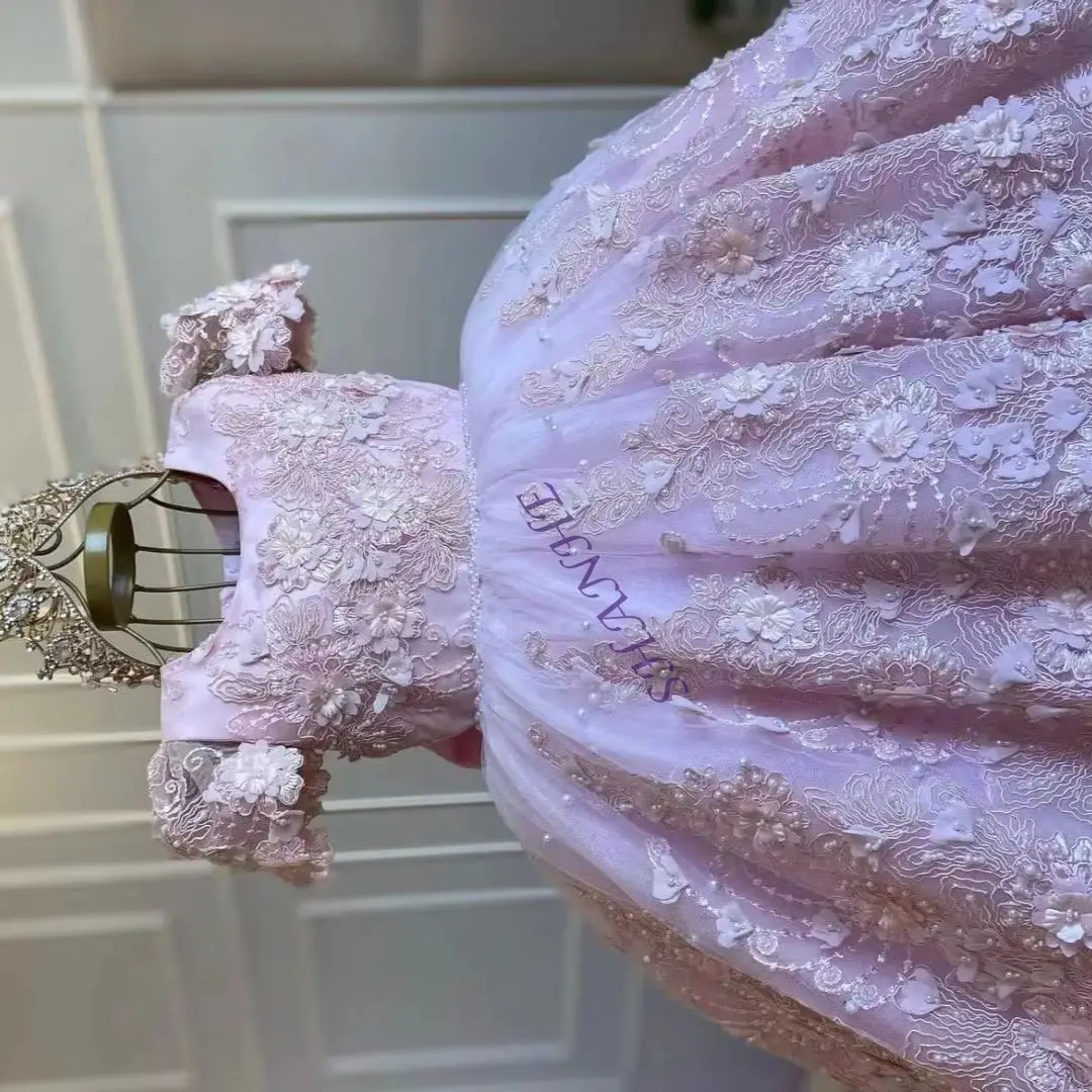 

Светло-розовое платье с цветочным узором для девочек на свадьбу, тюлевое пышное платье с аппликацией и жемчугом, детское платье принцессы для первого евхаристического дня рождения по индивидуальному заказу