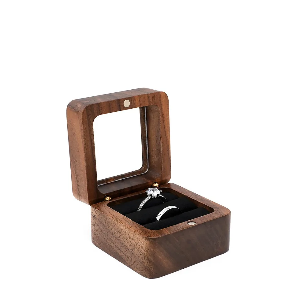 

Wooden Ring Organizer Case Window Open Square Jewelry Storage Box Microfiber Lining Handmade Ring Display Box Bridal Shower