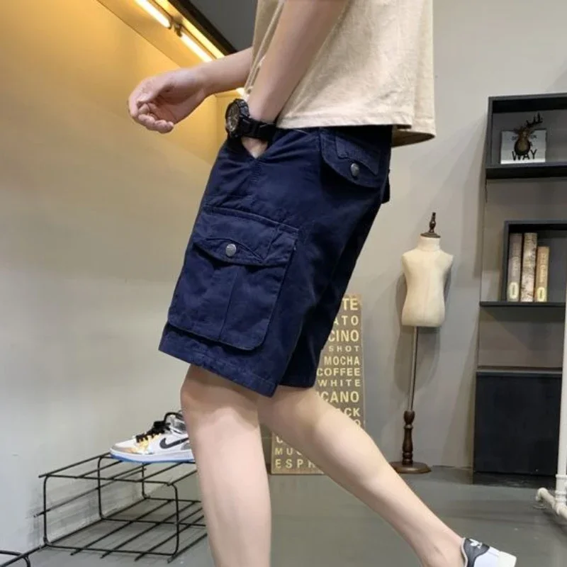 

Синие бермуды, однотонные длинные широкие мужские шорты-карго, мешковатые с карманами, свободные мужские короткие брюки, популярные нейлоновые джерты, элегантные Y2k