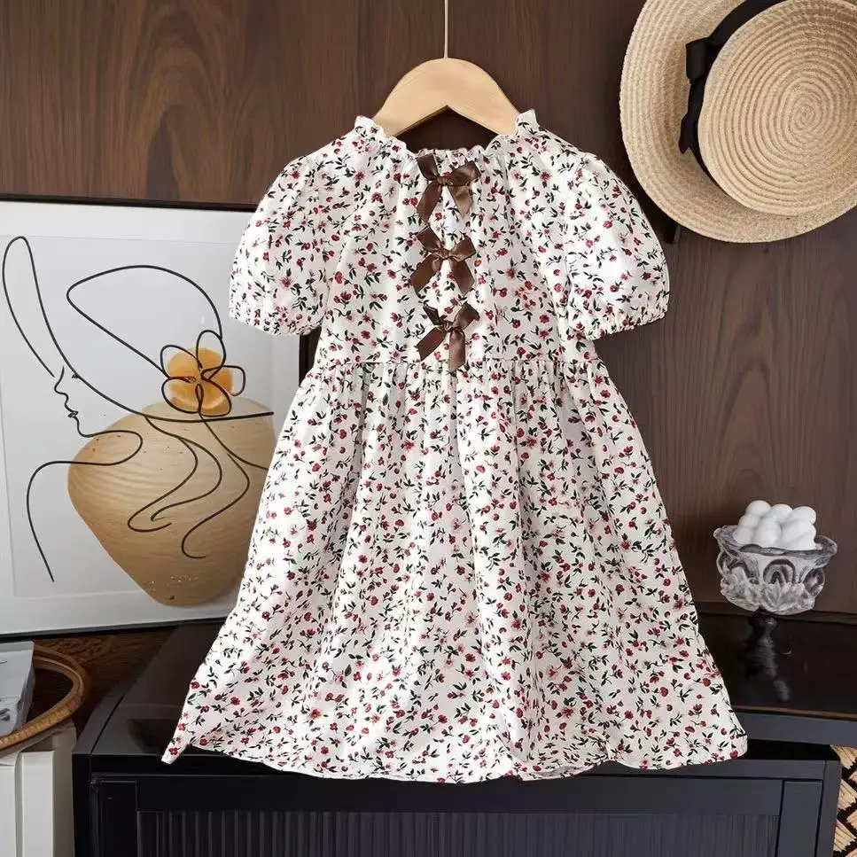 

2026 Summer 2-7Y Girls Floral Print Short Sleeve Dress Bow Decor Casual Dress For Kids for 100-140cm