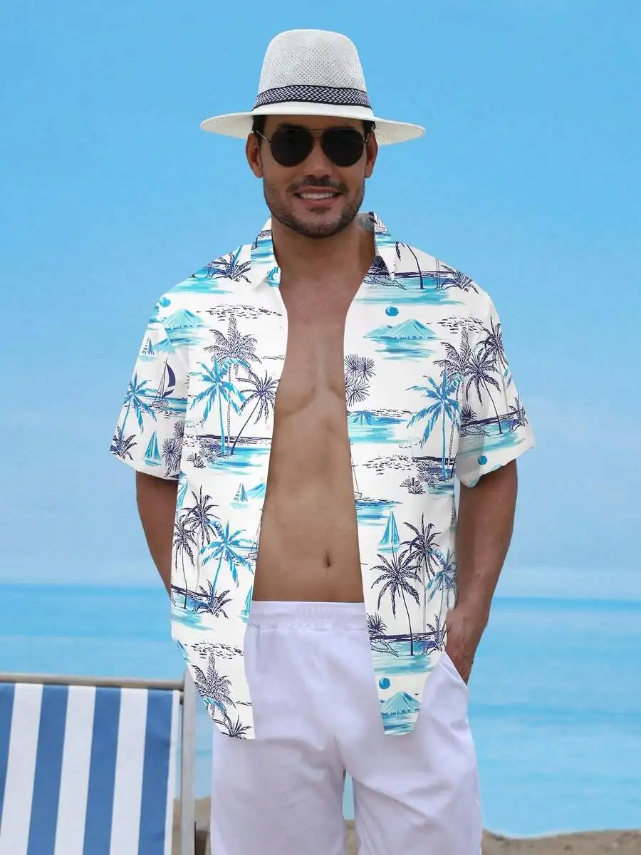 

Mens Hawaiian Shirt Cream Tropical Print Loose Fit Casual Wrinkle-Free Summer Beach Wear