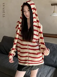 Yedinas Christmas Red Striped Hooded Knitted Tops Long Sleeve Korean Fashion Rabbit Ears Cardigan Women Sweater Ladies Jumpers