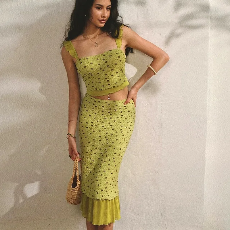 

Tuularose Print Patchwork Long Skirt Set For Women Sleeveless Sling Top Pleated Skirt Set 2025 Summer Female Sexy Slim Dress Set