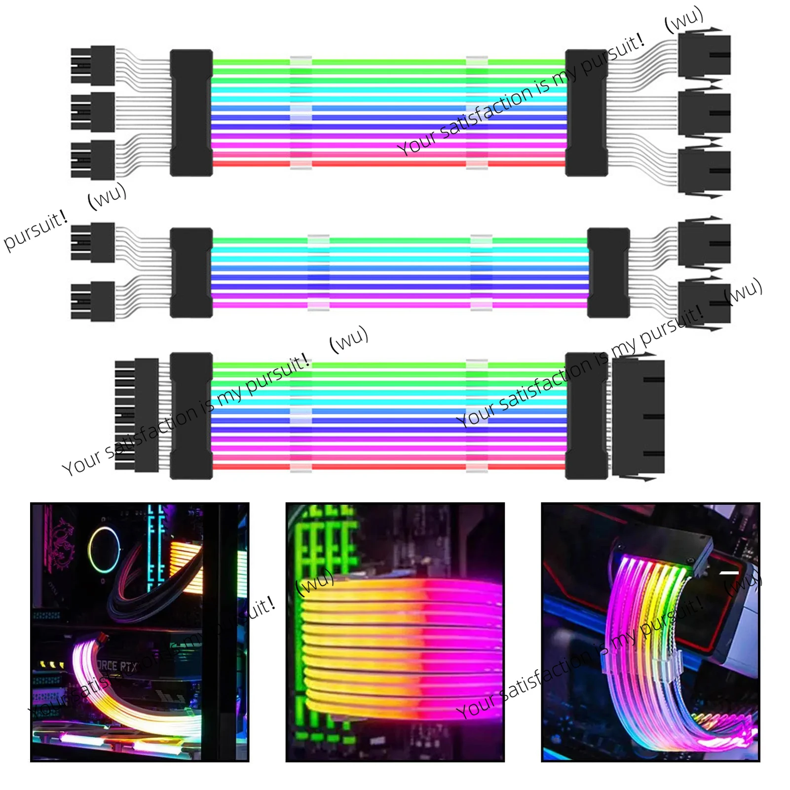 ARGB PSU Power Supply Extension Cable RGB Flow ATX 24Pin PCIE GPU 8-Pin 6+2Pin Cord Motherboard RGB Extension Cable for Computer