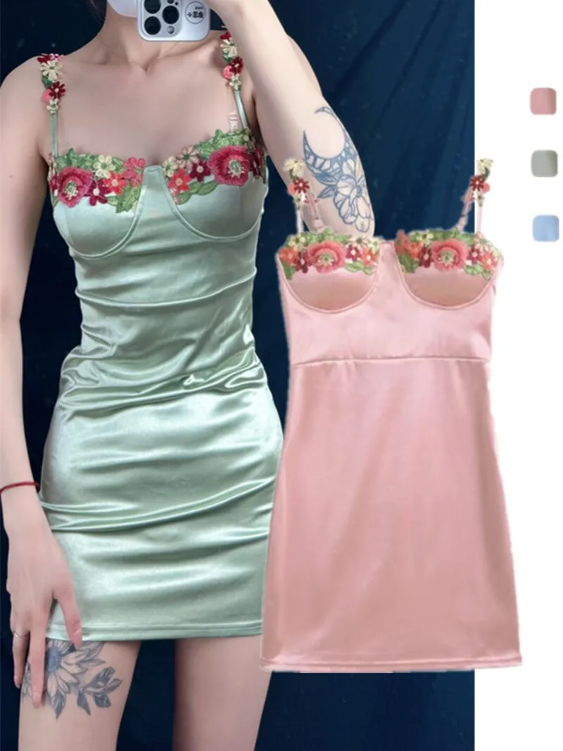 Romantische laag uitgesneden geborduurde bloemenriem ort rok Zomer Vaion Sle Satijn Dr Lente Dag Kleur Ptte ~ Body Pad In...