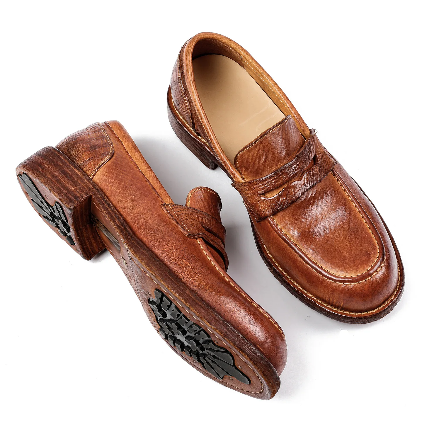 Men's Vintage Washed Shell Cordovan Loafers | Goodyear Welted Slip-On Casual Business Shoes | Thick Sole Leather Footwear