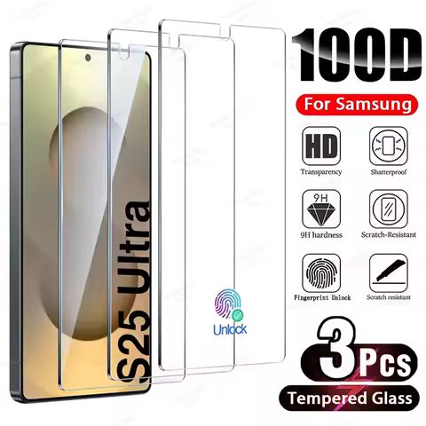 3PCS Screen Protector For Samsung Galaxy S25 S24 S23 S22 S21 Ultra Plus FE S25 Edge Tempered Glass Fingerprint Unlock HD Film