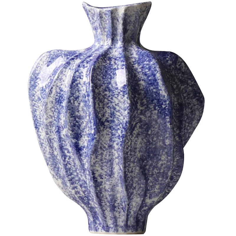 k%#Ceramic Vase Blue Ceramic Handicrafts Hand-folded Porcelain Vase Flower Vase Flower Arrangement Accessories Home Decoration