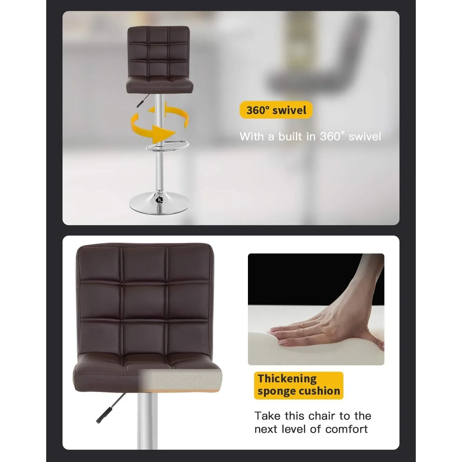 مجموعة مقاعد بار هيدروليكية حديثة قابلة للتعديل مكونة من 2، مقاعد بارتفاع دوارة من جلد البولي يوريثان لديكور المنزل في بار المطبخ #5