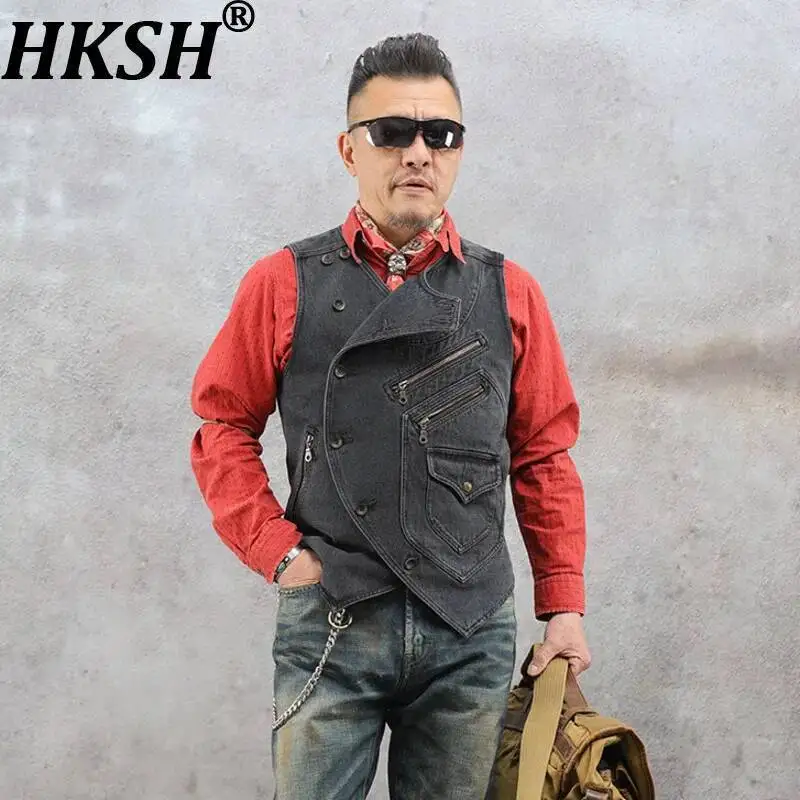 HKSH Spring Summer New Men's Tide Punk Vintage England Style Asymmetrical Collar Punk Biker Vest Washed Denim Waistcoat HK23713