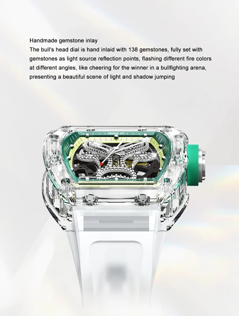 CRONUSART orologio automatico da uomo 50mm Luxury Tonneau orologio da polso meccanico cassa in zaffiro cinturino in Silicone liquido luminoso quadrante blu