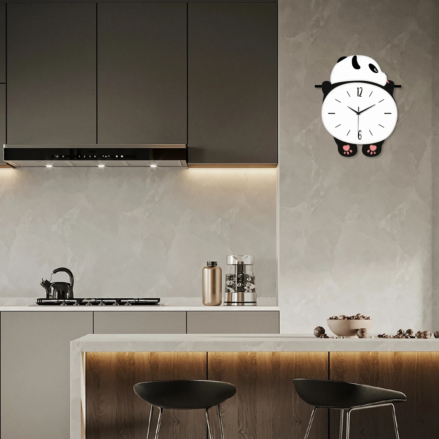 A Modern Cute Wooden Panda Silhouette Clock with Pink Paws, Large Swinging Wall Clock, Battery-Powered Silent Swinging Clock for Living Room, Bedroom, Home, Kitchen, Aesthetic Room Decoration, Unique Gift (Battery Not Included) - view 6
