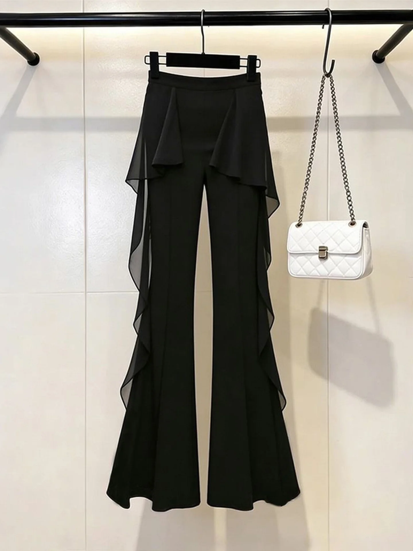 Unique Casual Bell Bottom Pants Women's High Waist Patchwork Slimming Korean Style Autumn New Design Leaf  Long Trousers