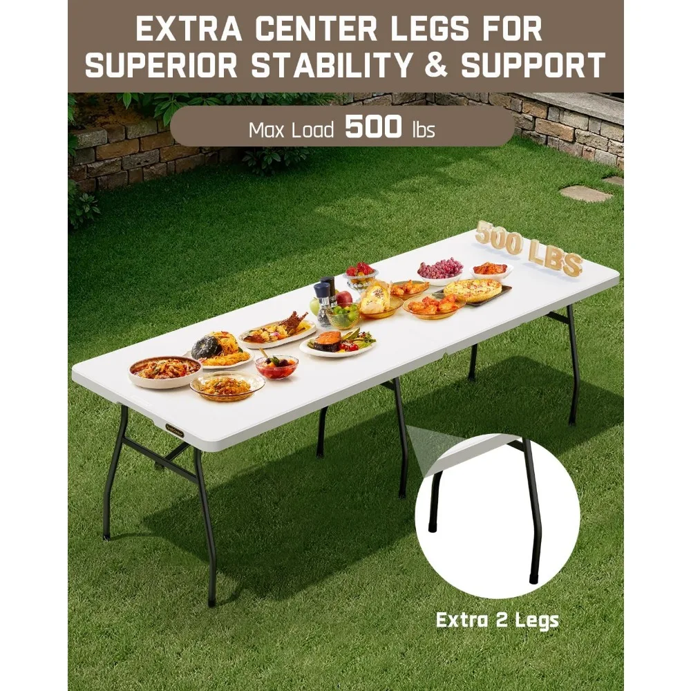 Heavy Duty 8ft Folding Table with Six Legs, 500 lbs Capacity, Plastic Fold-in-Half Table for Indoor Outdoor Use