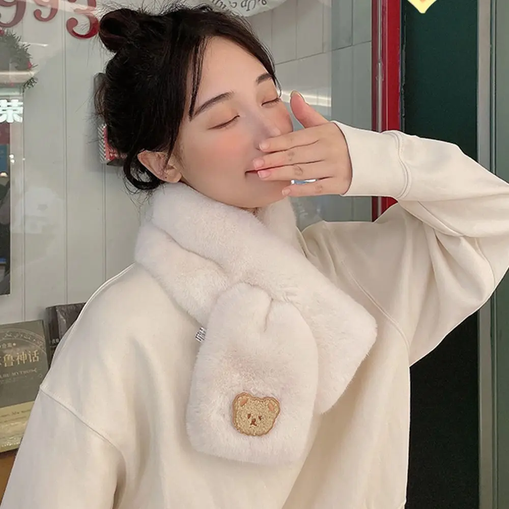 Women Winter Warm Thicken Cross Collar Scarf Cute Bear Solid Color Faux Rabbit Fur Plush Elegant Shawl Scarfs