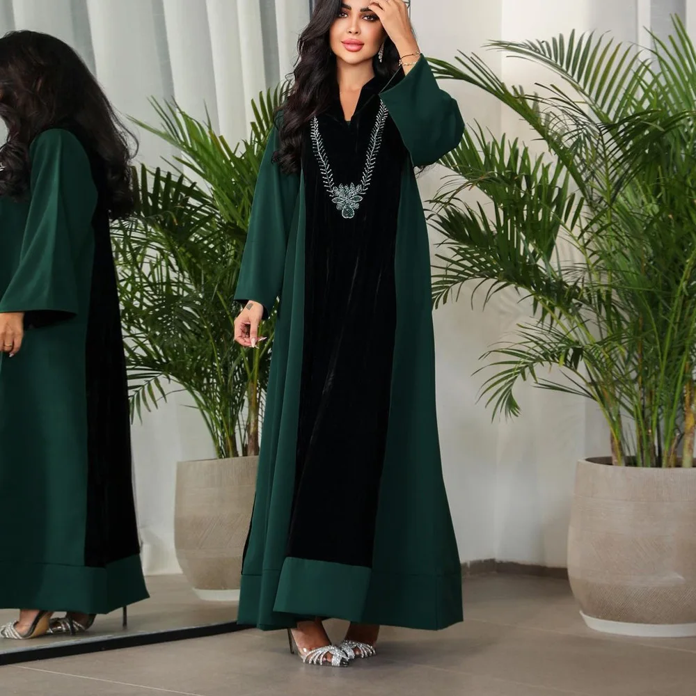 Vintage Green Splicing Abaya Diamonds Jalabiya Kaftan for Women Dress Big V-neck Dubai Robe Maxi Long Gown Muslim Arab Ramadan