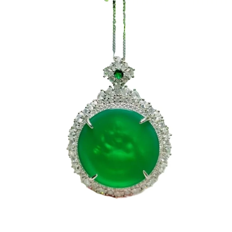 

New pure natural ice green chalcedony with Buddha lady pendant pendant in heart silver inlay