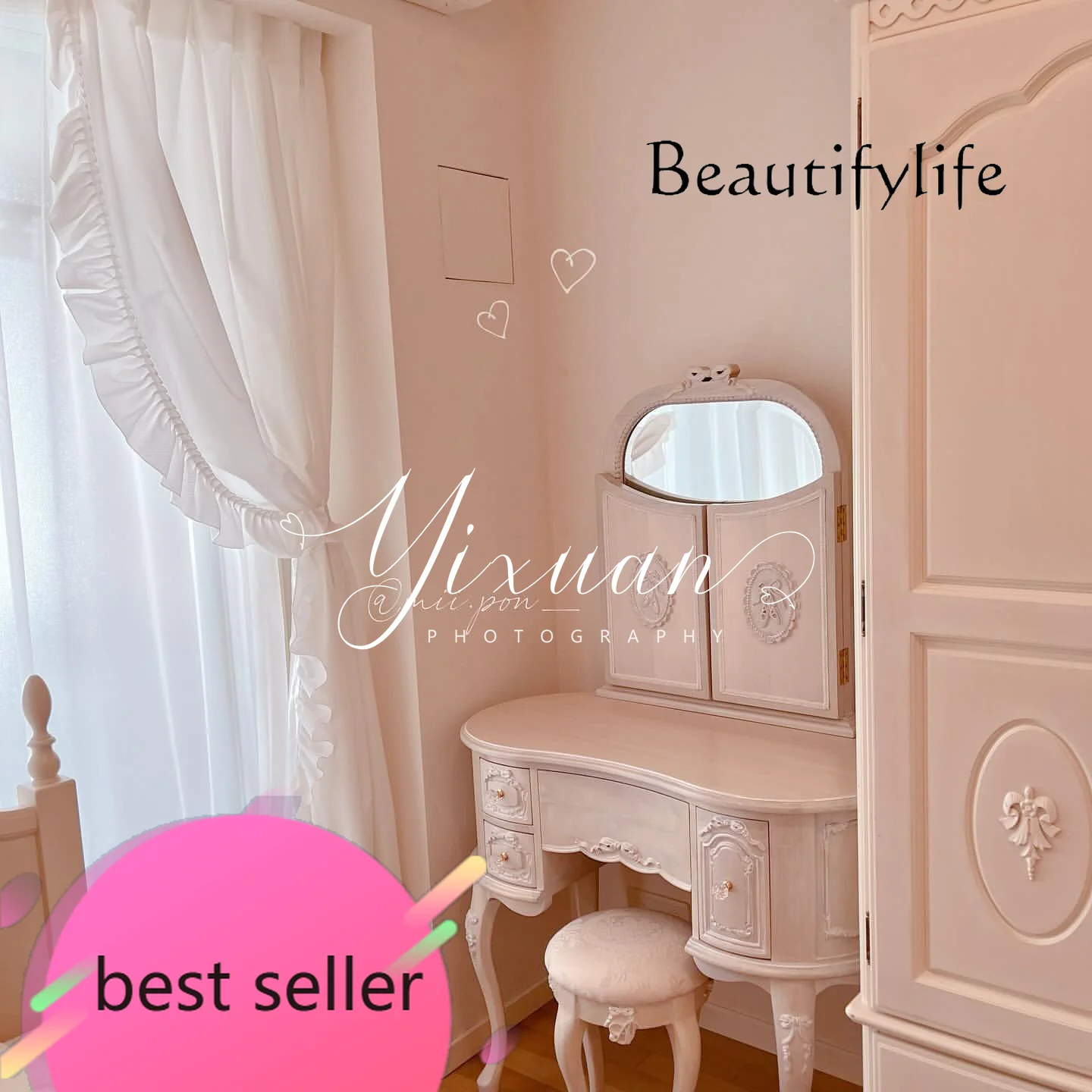 

new French solid wood pink bedroom pink princess style dressing table American engraved flower with mirror dressing table
