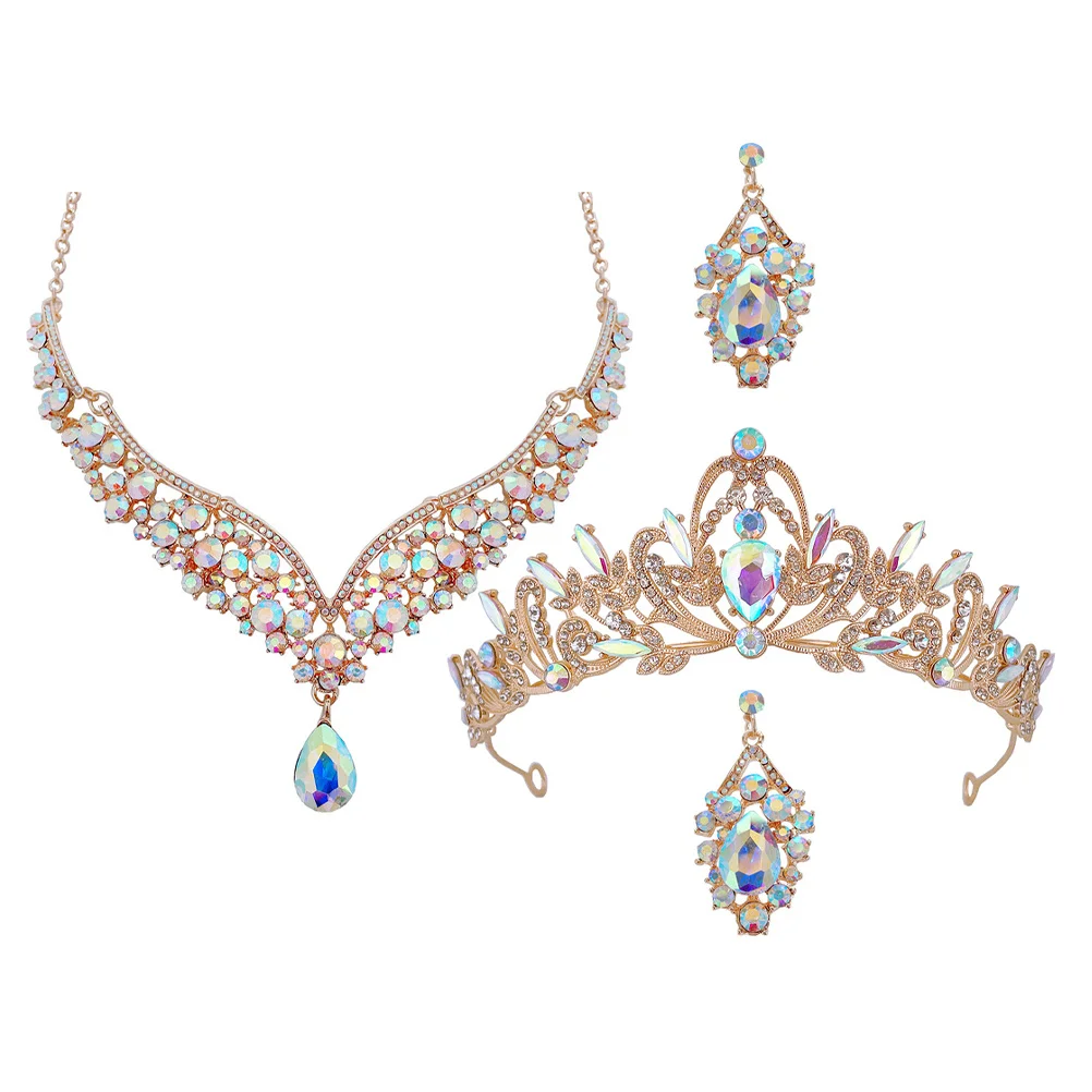 

1 Set Bridal Rhinestone Jewelry Set Crown Necklace Earrings Wedding Tiara Elegant Prom Party Accessories for Women Girls