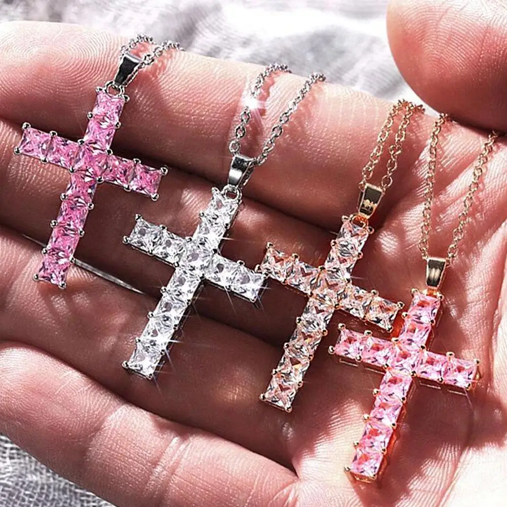 New Fashion European American Zircon Cross Necklace Inlaid White/Pink Cubic Zirconia Crystal Jesus Cross Pendant Party Jewelry