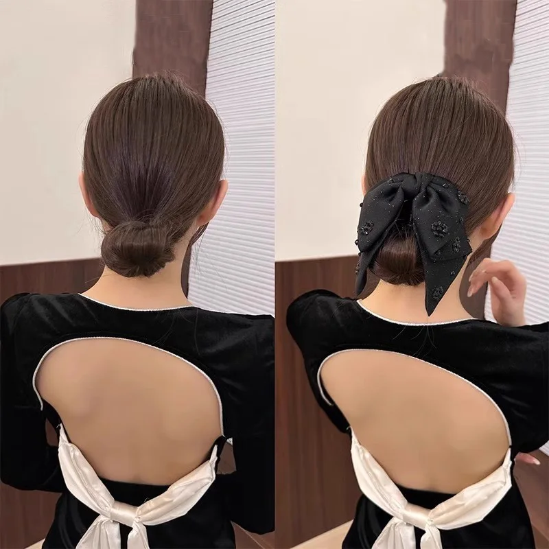 Elegancka czarna spinka do włosów z podwójną warstwą kokard, zdobiona cyrkoniami, dla kobiet, słodka ozdoba do włosów, opaska, modna spinka do włosów, akcesoria do włosów. — zdjęcie 5