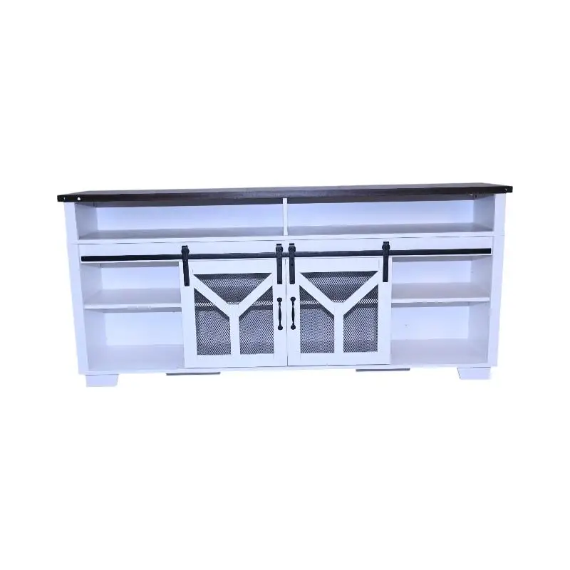 حامل تلفزيون مقاس 65.3 بوصة مع شرائط إضاءة LED وباب الحظيرة الشبكي الحديدي، سطح مزخرف بلون الجوز الأبيض والأسود، نمط المزرعة #3