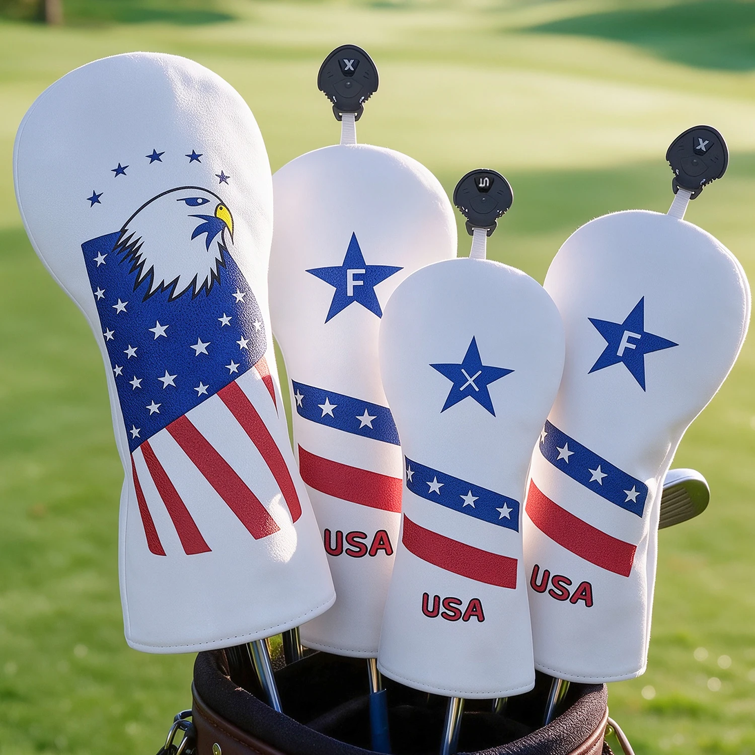 1PC/4PCS White USA Eagle Flag Print Golf Wood Headcover, Club Head Protector, Fits Driver Fairway Hybrid, Great Gift