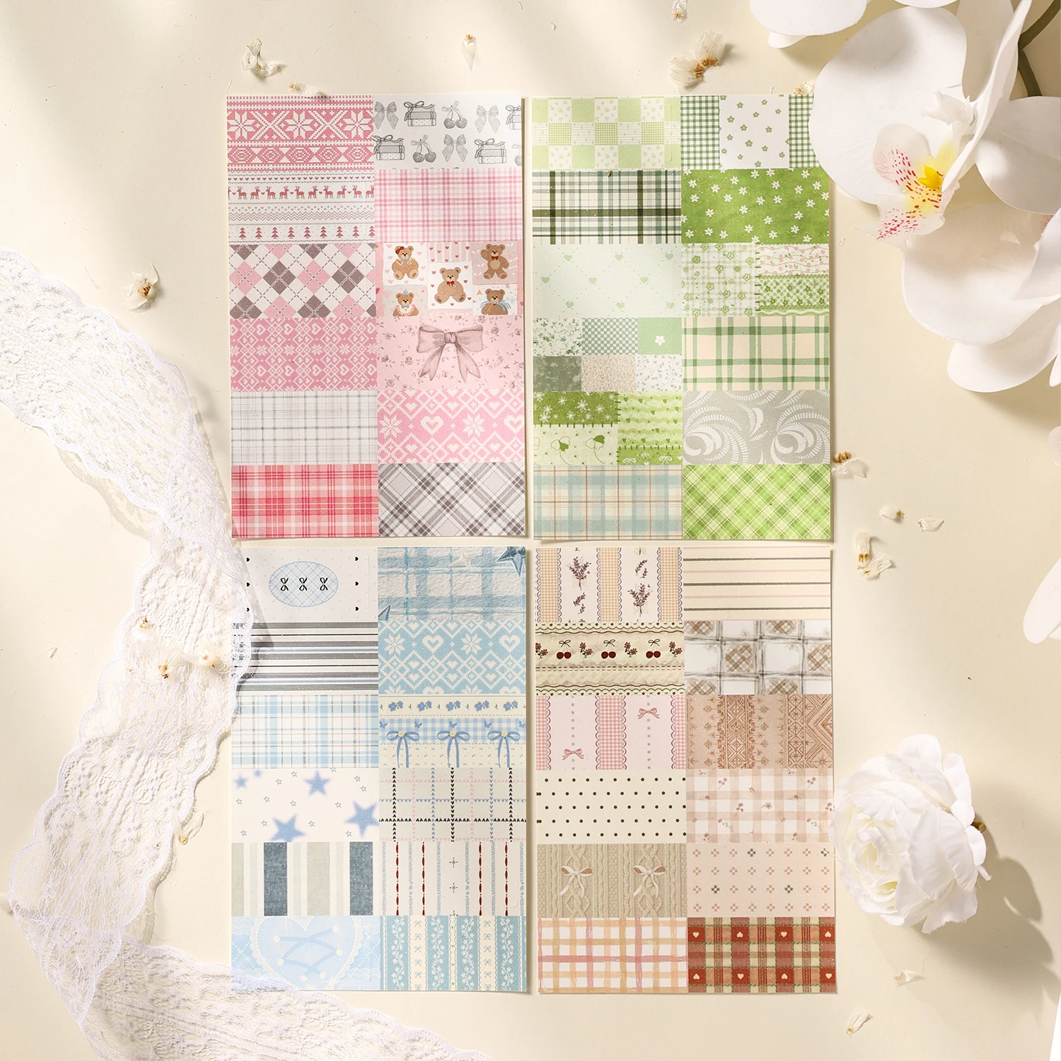 Pcs Pastel Plaid Pattern PET Sticker Sheets, Cute Bear Bow Grid‑Patchwork Clear Decals for Junk Journal Background Collage