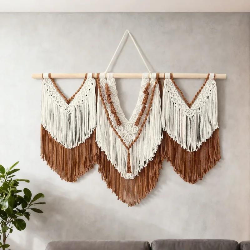 110x80cm Large Wall Hanging Tapestry with Wooden Stick Hand-Woven Bohemia Tassel Curtain Tapestry Wedding Backgrou Boho Decor