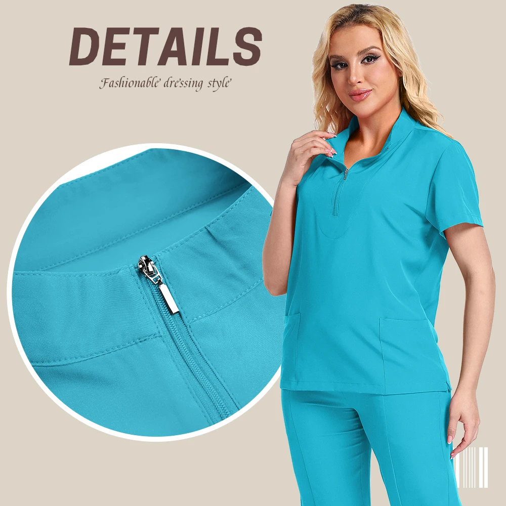 Multi Color Tunic Spa Work Suit Nurses Hospital Uniform Scrub Sets Women Zipper Set Short Sleeve Medical Uniforms High Quality