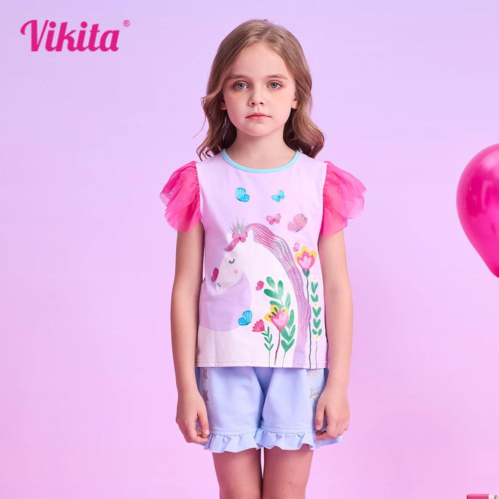 

VIKITA Girls Flare Sleeve Summer T Shirt Kids Unicorn Flower Print Cartoon T Shirts Kids Casual Daily School Cotton Casual Tops