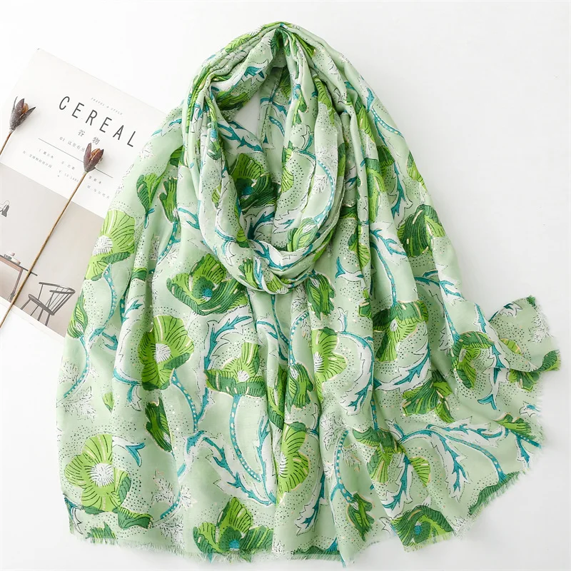 KYQIAO Green scarfs luxury brand designer long floral print neck scarves woman 2024 autumn head scarf original muslim hijab