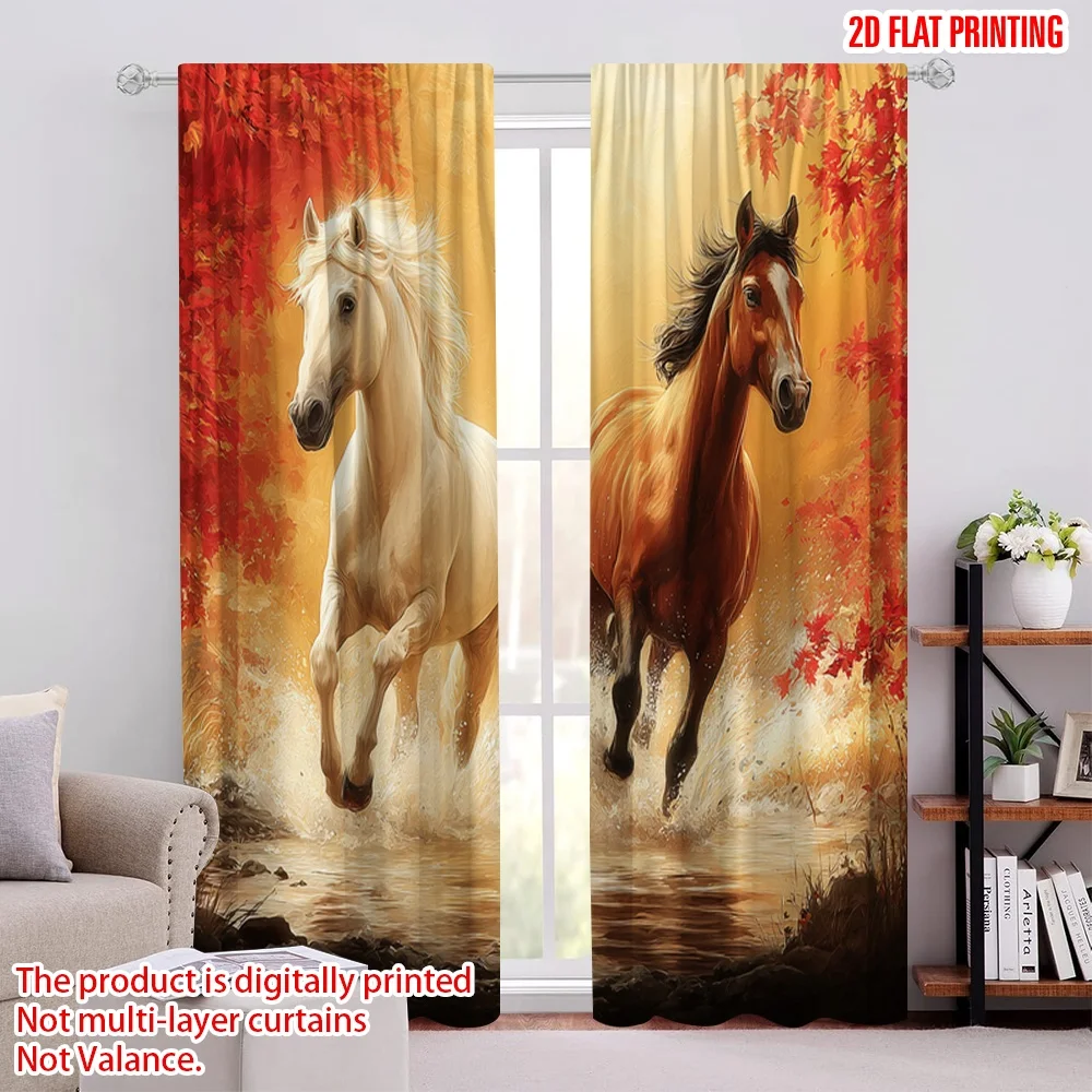 

2pcs 2D flat printing Drapes White Brown Horse Running Digital Printed Polyester Drapes Birthday Party Use for Holiday Family