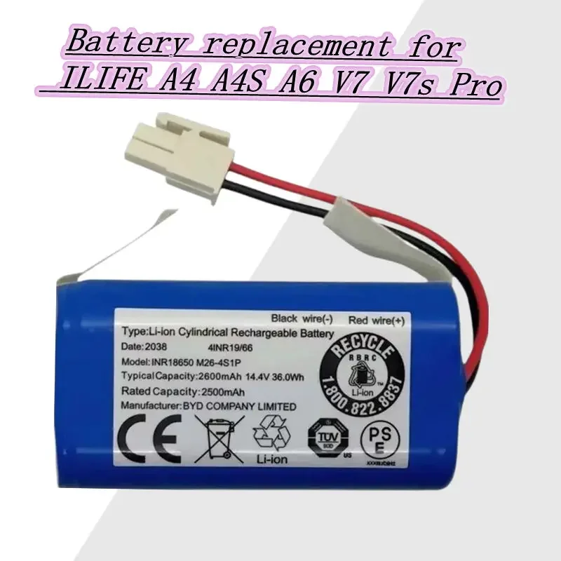 ILIFE Robot Vacuum Cleaner Battery 14.8V 2600mAh Lithium 4S1P M26 INR18650 Compatible with A4 A4s V7 V7s Plus A6 A9
