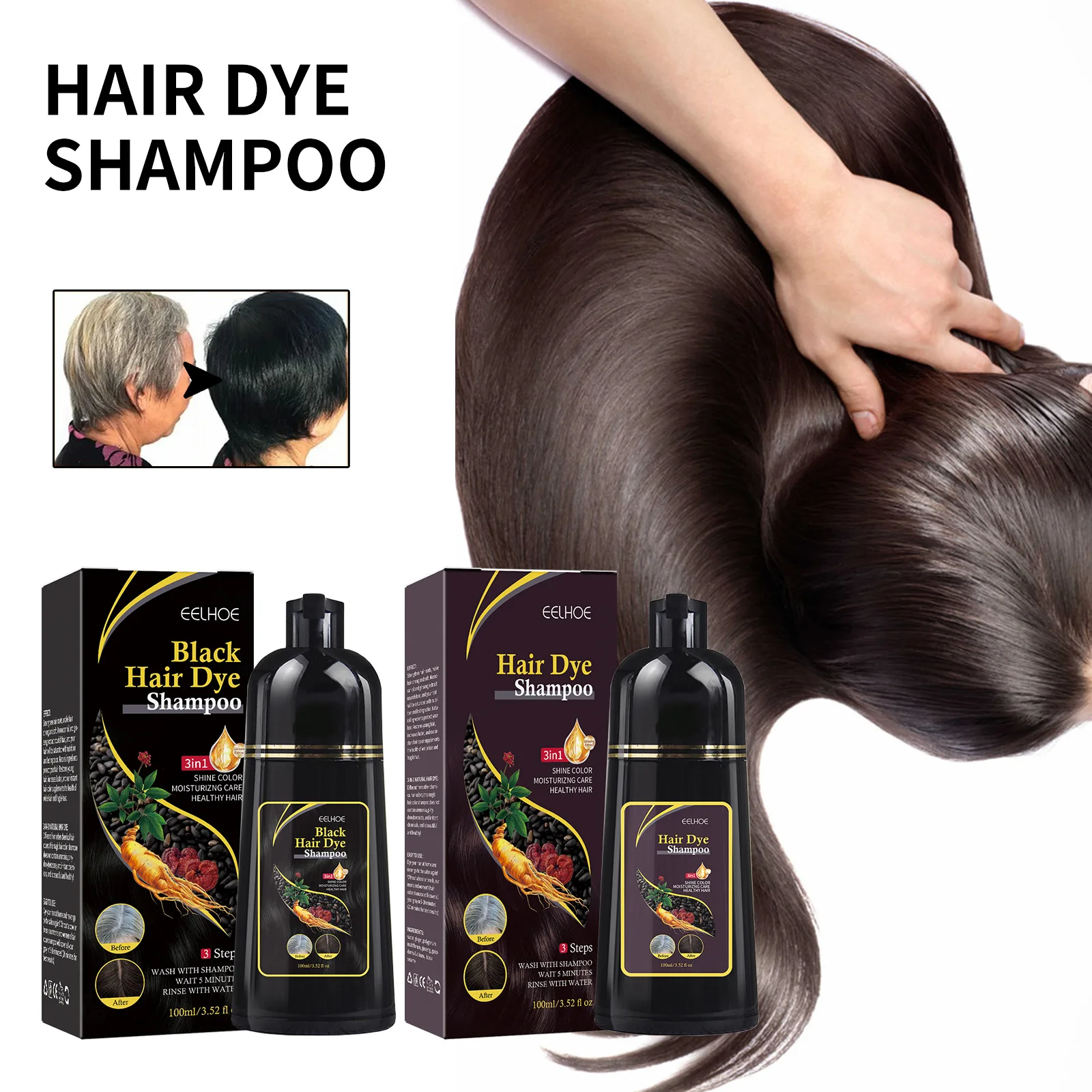 Champú para teñir el cabello 3 en 1, 100ml, para cabello gris, Polygonum Multiflorum, ingredientes a base de hierbas, cubierta para colorear oscurecimiento de jengibre Natural