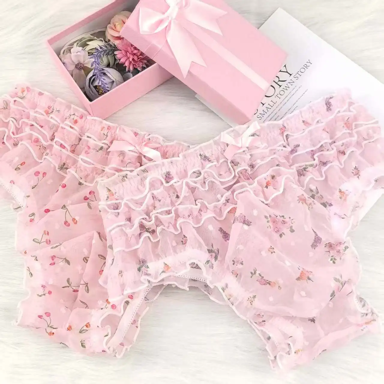 Cute Sweety Chiffon Man's Briefs Japanese Style Cross-dressing Panties Princess Lolita Flower Print Ruffles Soft Underwear view 2