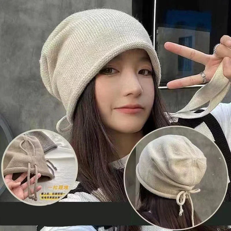 

Winter Knitted Baggy Beanie Hat for Women Drawstring Slouchy Wool Pullover Cap Outdoor Windproof Skullies Beanies Bonnet Caps