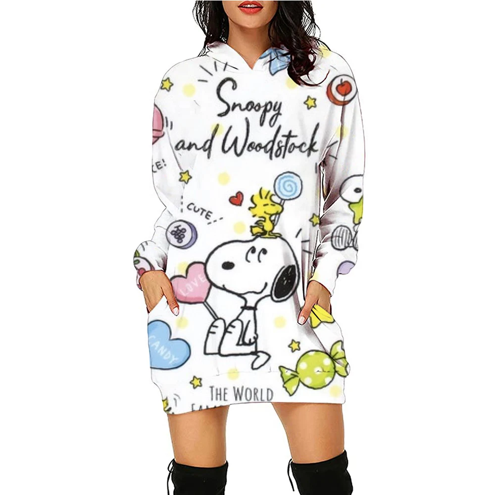 

Autumn and Winter Women's Snoopy Cute Print Disney Christmas Series Ladies Fashion Hoodie Dress Casual Long Sleeve Dress