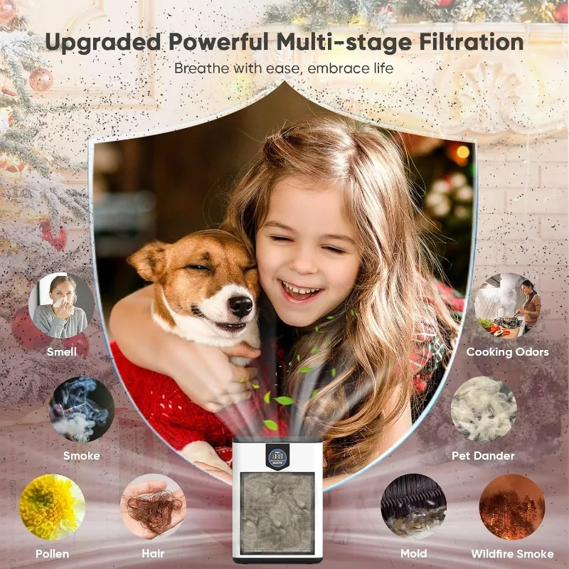 أجهزة تنقية الهواء للمنزل مع أجهزة تنقية الهواء للمنزل وغرفة كبيرة مع مرشحات مسبقة قابلة للغسل حتى 3000 قدم، مدخل هواء مزدوج