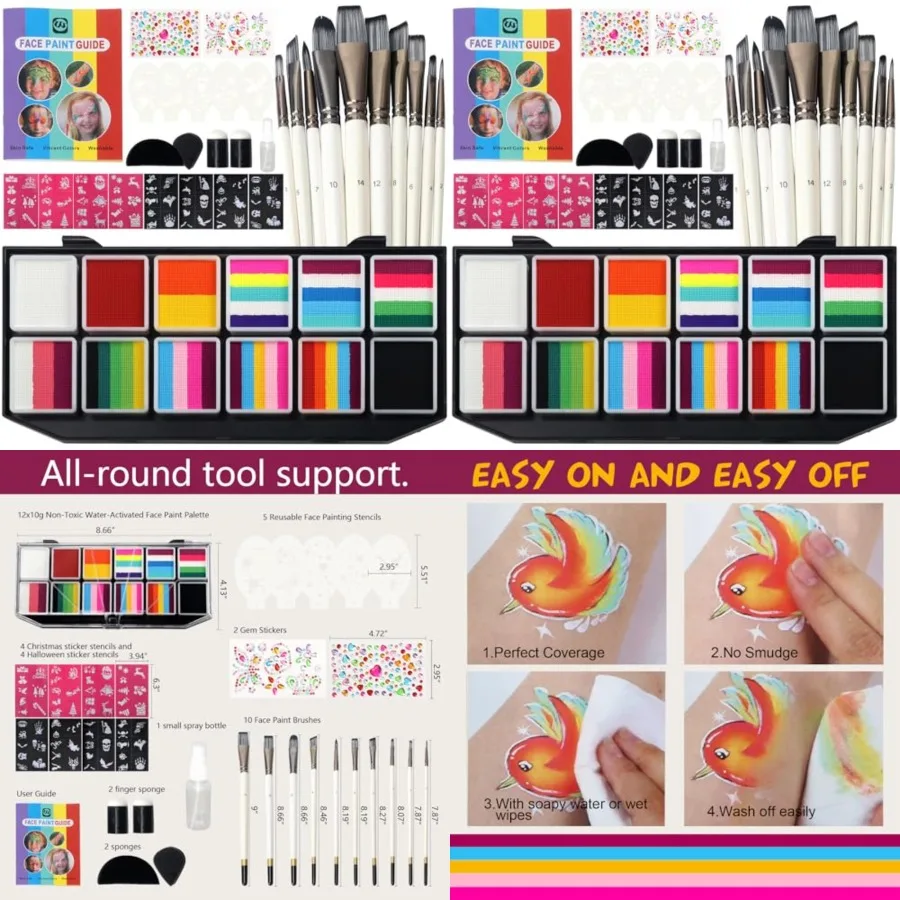 

Набор профессиональных аквагрим-красок для лица из 12 цветов с 10 кистями, 4 рождественскими и 4 хэллоуинскими трафаретами-наклейками, нетоксичный