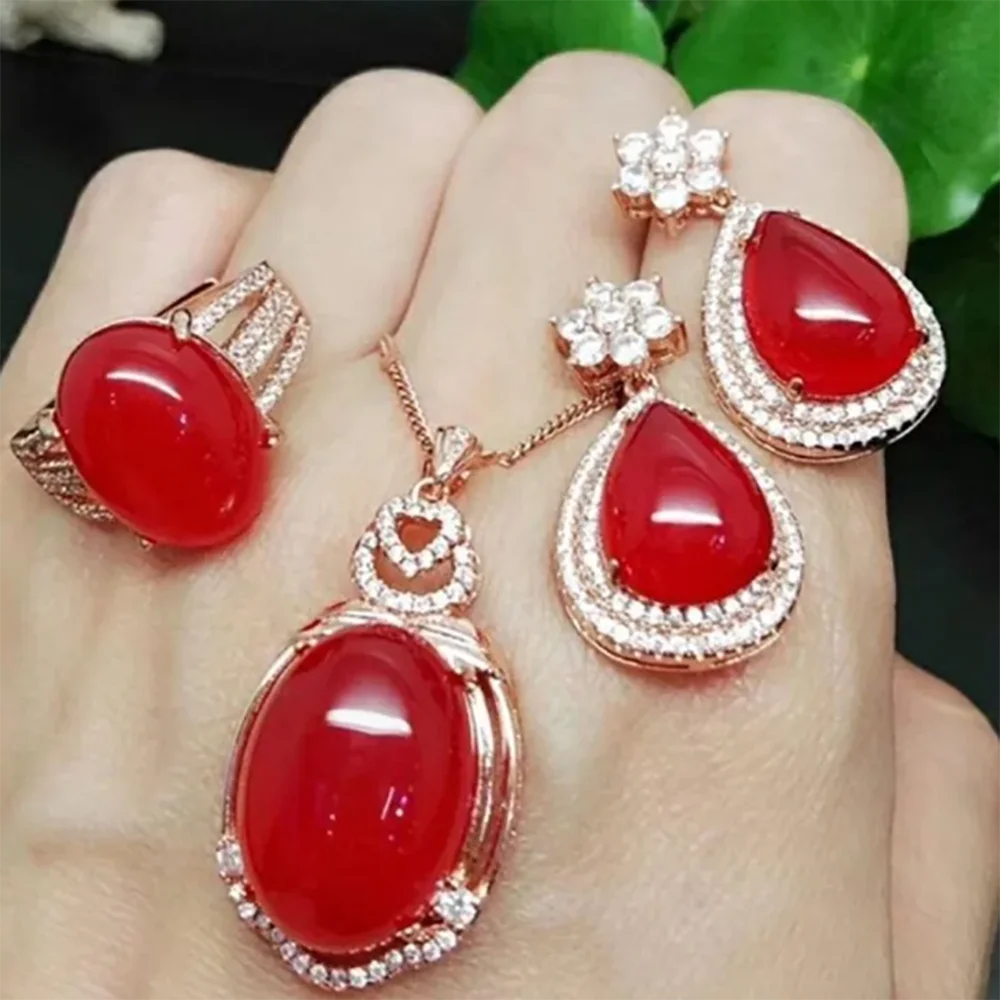 

Agate Chalcedony Pendant Ring Earrings Three-piece Jewelry Set