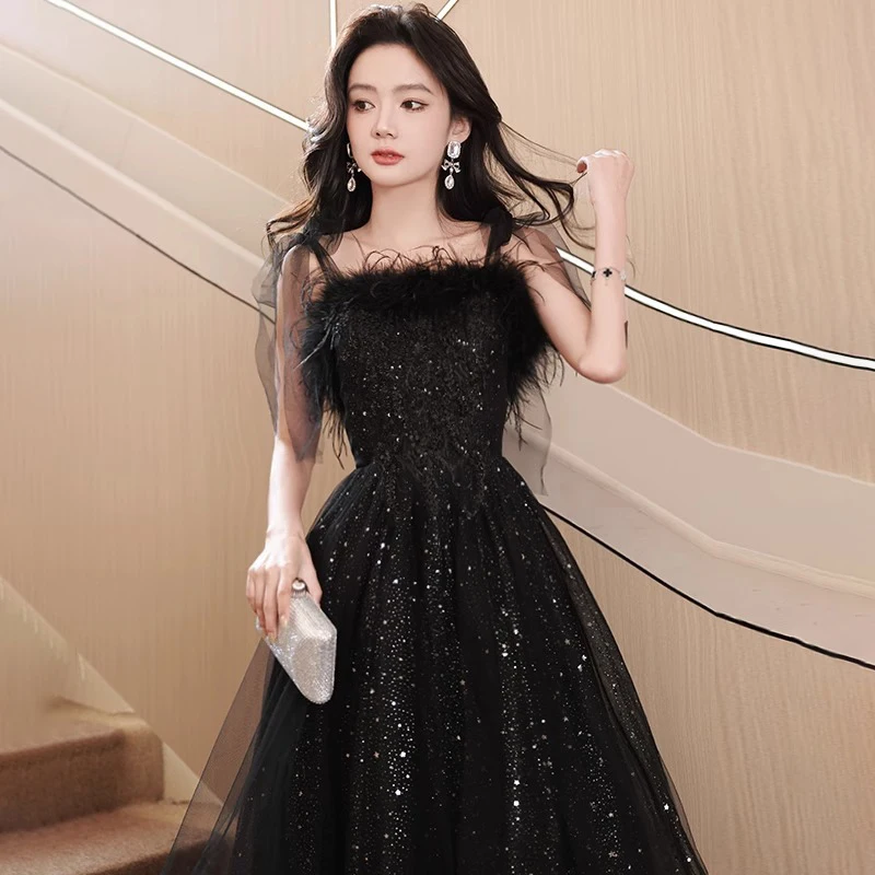 

Black Evening Dress for Women Summer Light Luxury Sequined Strap Prom Gowns High-end Medium Length Birthday Party Dresses