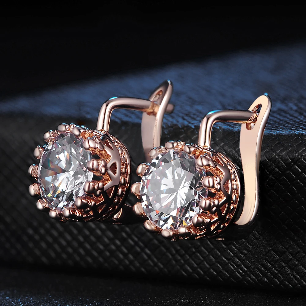 Brincos de argola com pedra de cristal para mulheres, coroa vintage, zircônia, cor ouro rosa, acessórios de orelha, joias, atacado e610