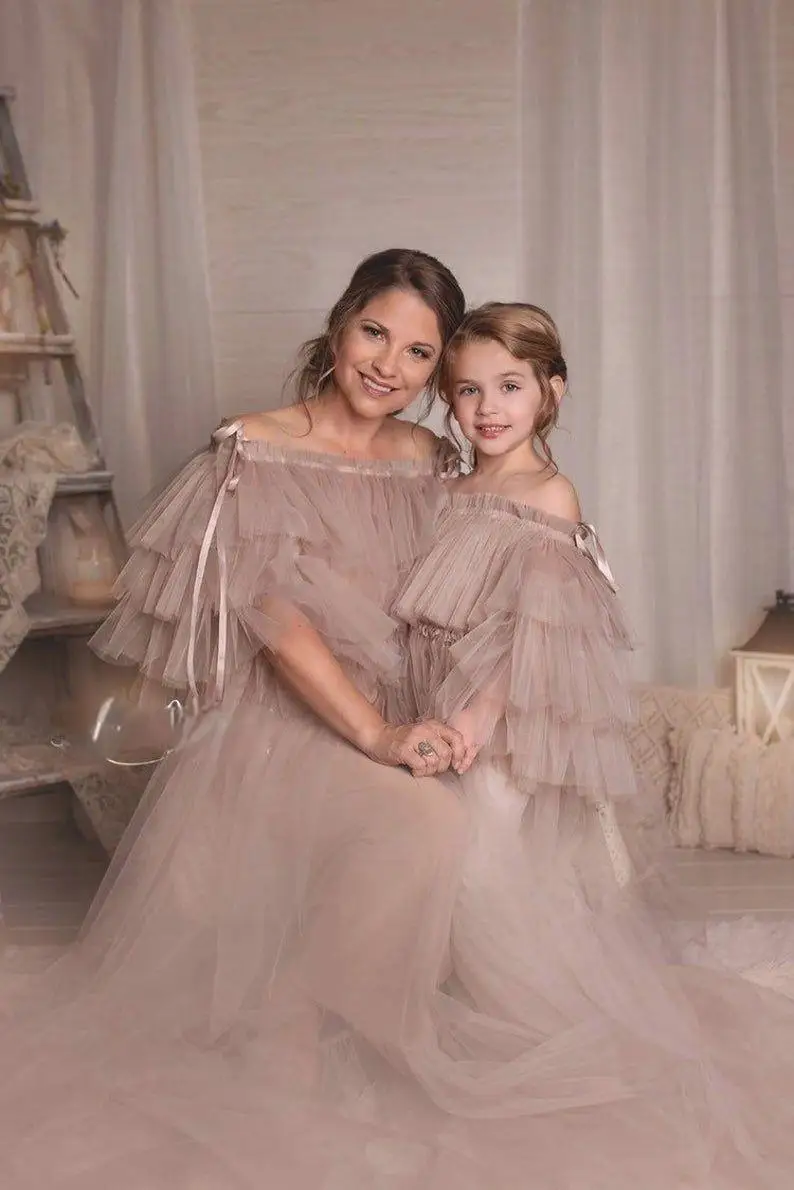 Off Shoulder Layered Ruffled Tulle Mommy Daughter Dresses for Party Long Floor Length Mommy and Me Dress for Photoshoot