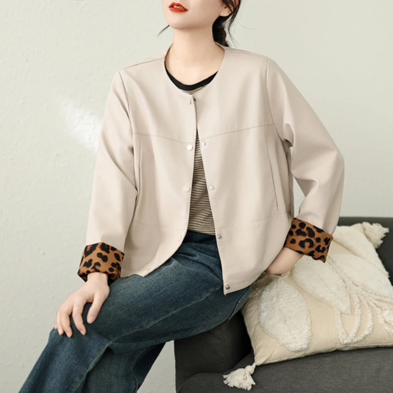 Masss Wasss Autumn Ladies Classic Loose Vintage O Neck Leopard PU Jackets Womens Fashion Faux Leather Coats Leisure Windbreakers
